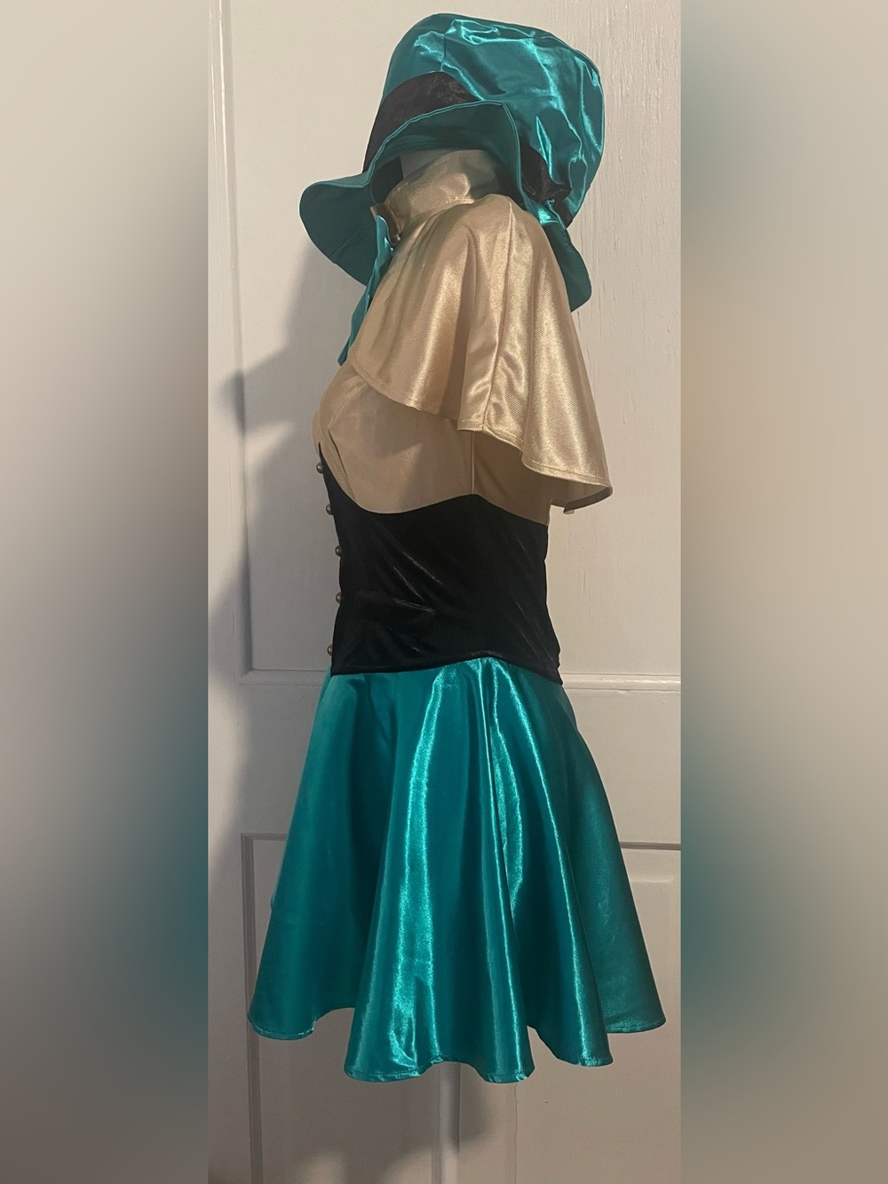 Leg Avenue Teal and Gold Satin Mad Hatter Costume Dress - Picture 2 of 10